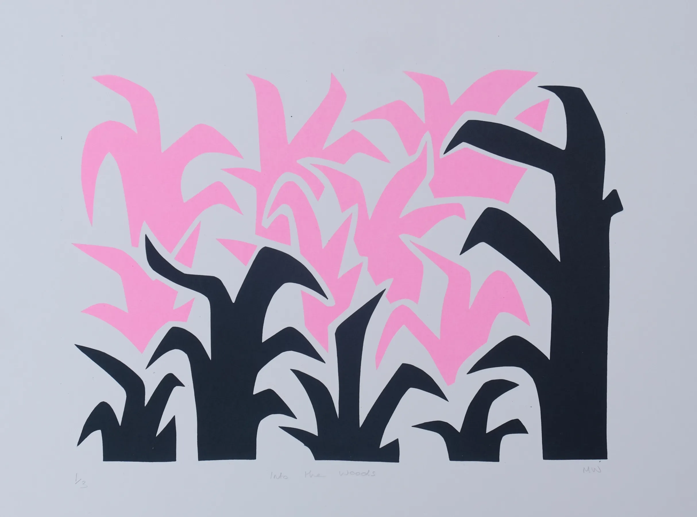 Woodland shapes that show a barrier of black branches in front of fluorescent pink branches.