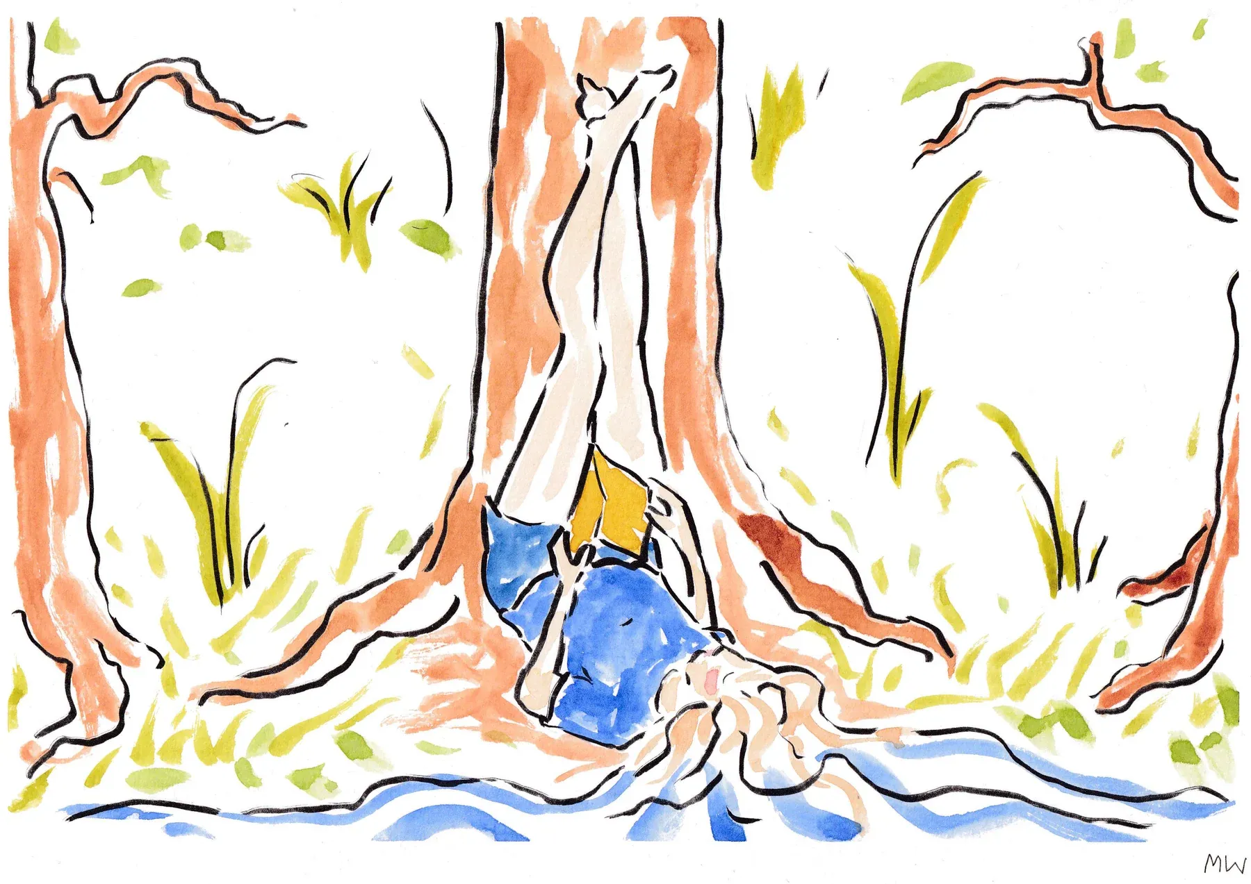 Woman reading a book with their legs up a tree trunk in a woodland.