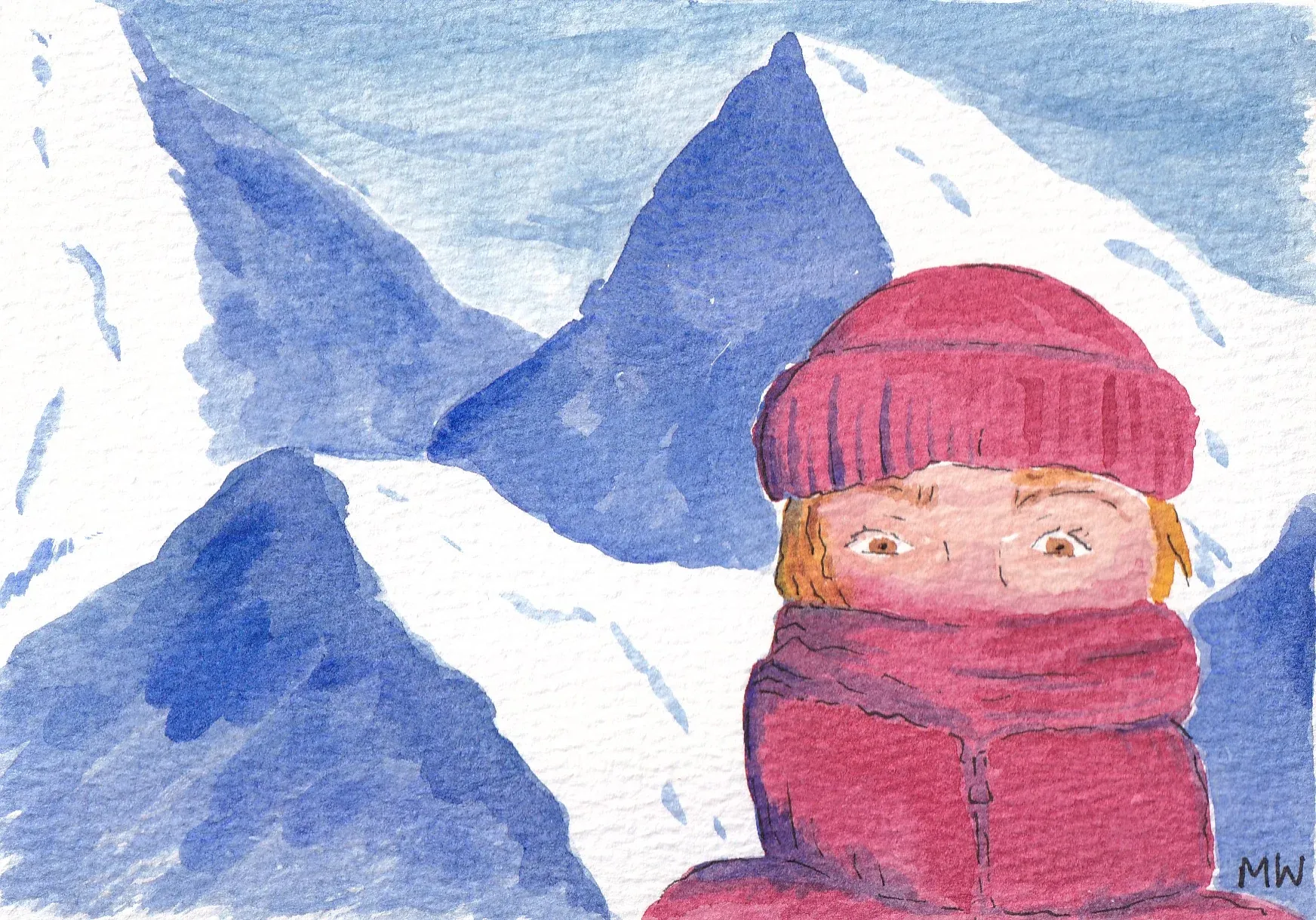 Woman in front of snowy peaks, wrapped in red hat and coat.