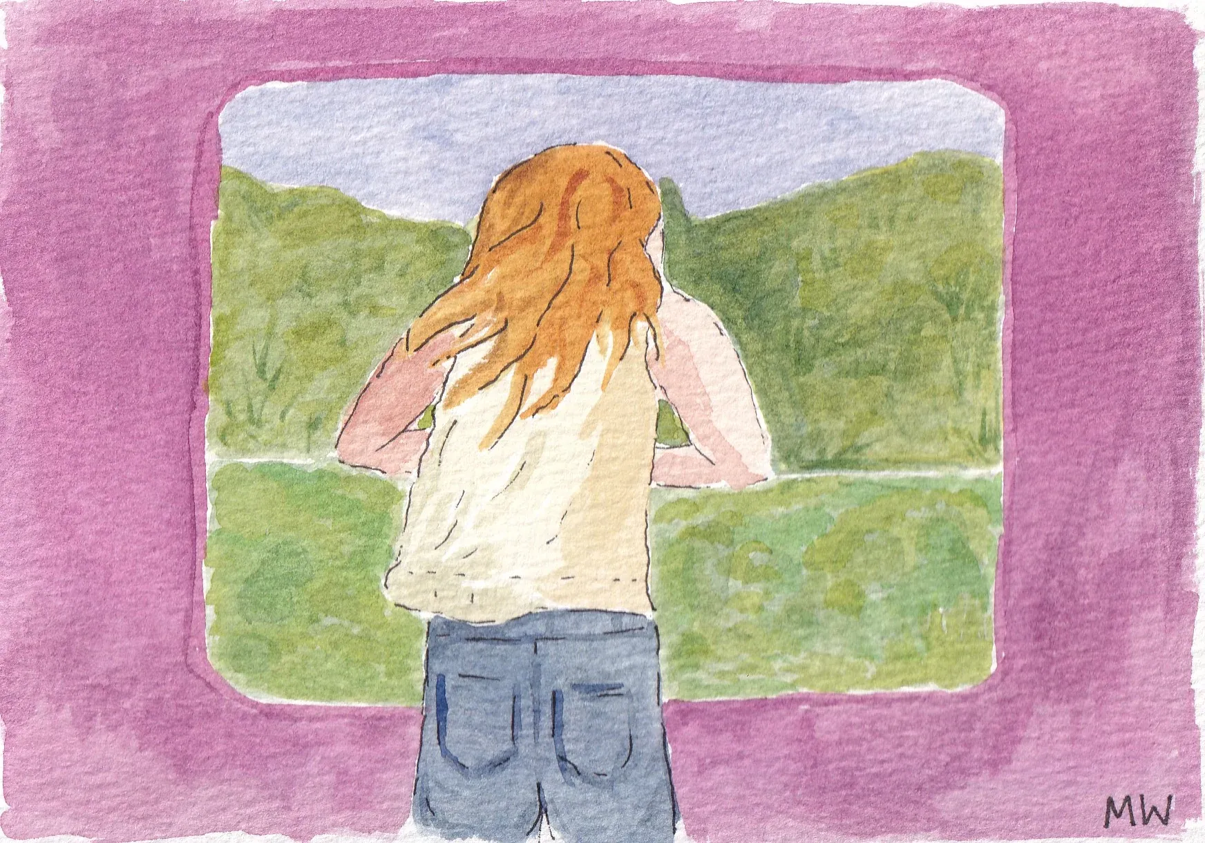 Woman sticking her head out of the open train window as green rolls by.