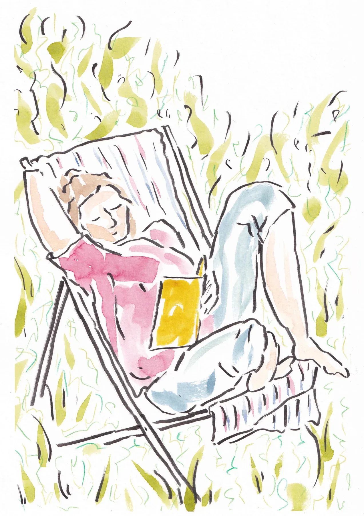 Woman relaxing in a deck chair, close to sleep with a book in hand.
